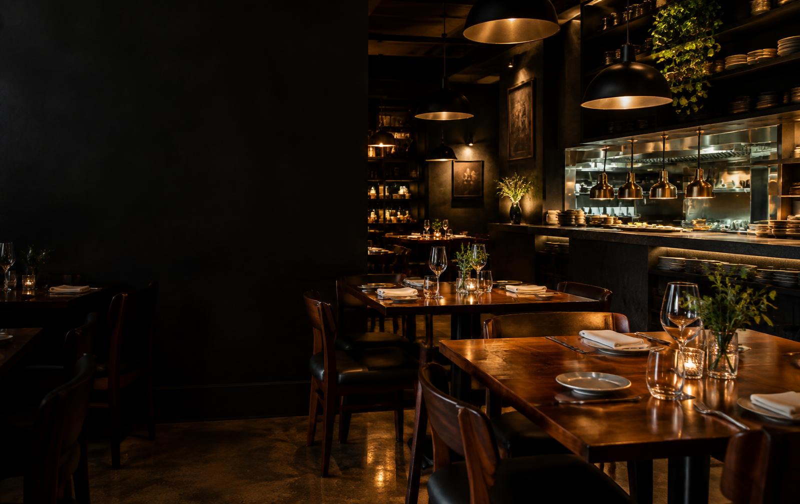 Interior de restaurante com cozinha aberta e mesas preparadas